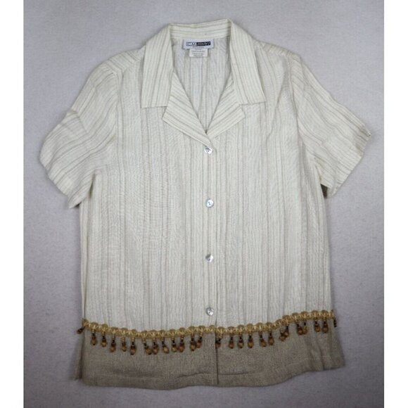 WOMEN'S BEIGE STRIPED SHORT SLEEVE BUTTON-UP TOP - CM SHAPES - BEADED FRINGE PM - Picture 2 of 10